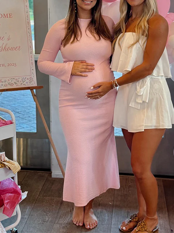 Momsmood Pink Smocked Baby Shower Girl Maternity Maxi Dress