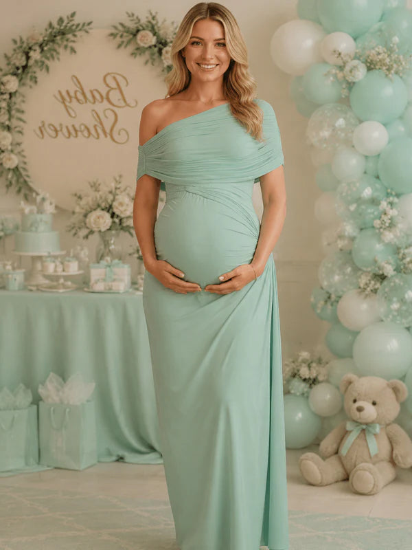Green Oblique Shoulder Ruched Bodycon Backless Maternity Maxi Dress