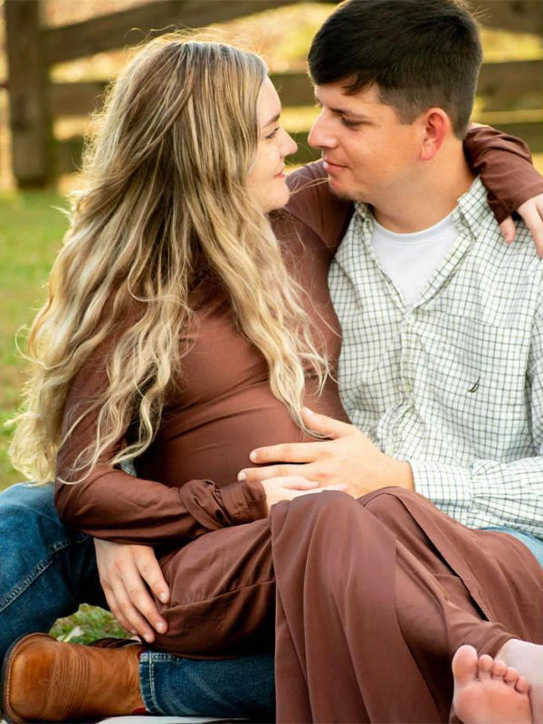 Momsmood Solid Color Belt Splicing Ruched Draped Bodycon Mermaid Long Sleeve Going Out Photoshoot Maternity Maxi Dress
