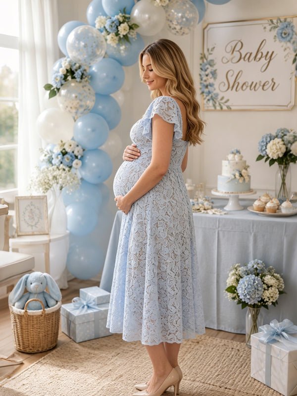 Lace High Waisted Backless Puff Sleeve A-Line Maternity Midi Dress