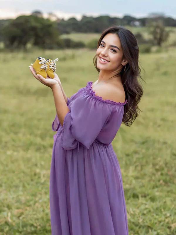 Momsmood Purple Chiffon Flowy Off Shoulder Belt Ruffle Falbala Big Swing Boho Beach Vacation Maternity Photoshoot Baby Shower Maxi Dress