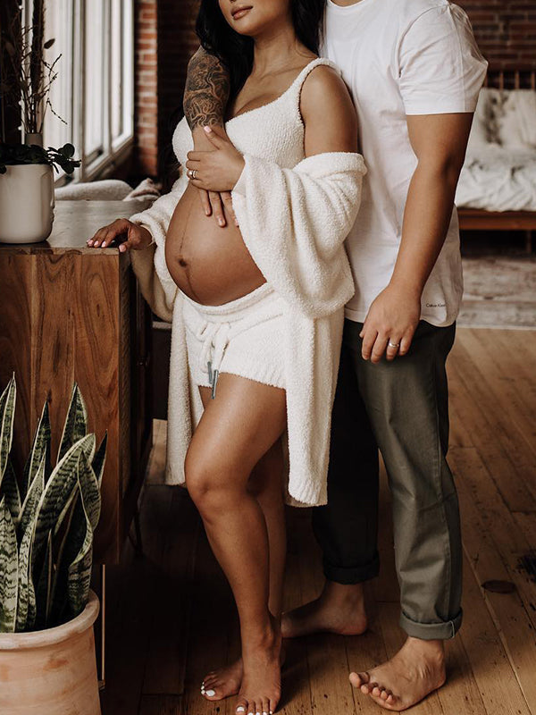 Momsmood Ivory Three-piece Cozy Knit Set Plus Size Crop Top Cardigan Fluffy Loungewear Casual Daily Maternity Outfit