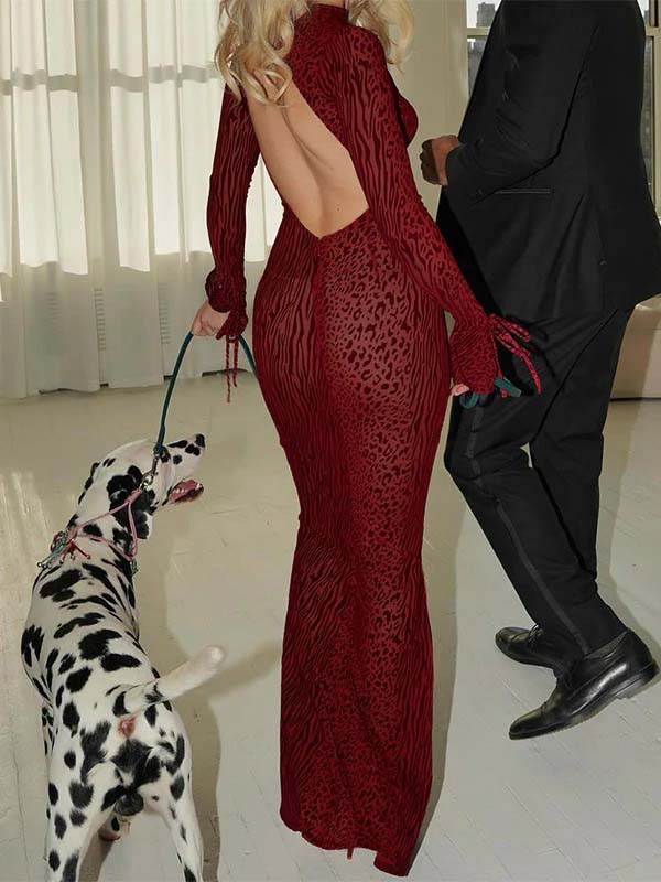 Momsmood Red Leopard Backless Slit Flare Sleeve Sheer Bodycon Party Baby Shower Maternity Maxi Dress