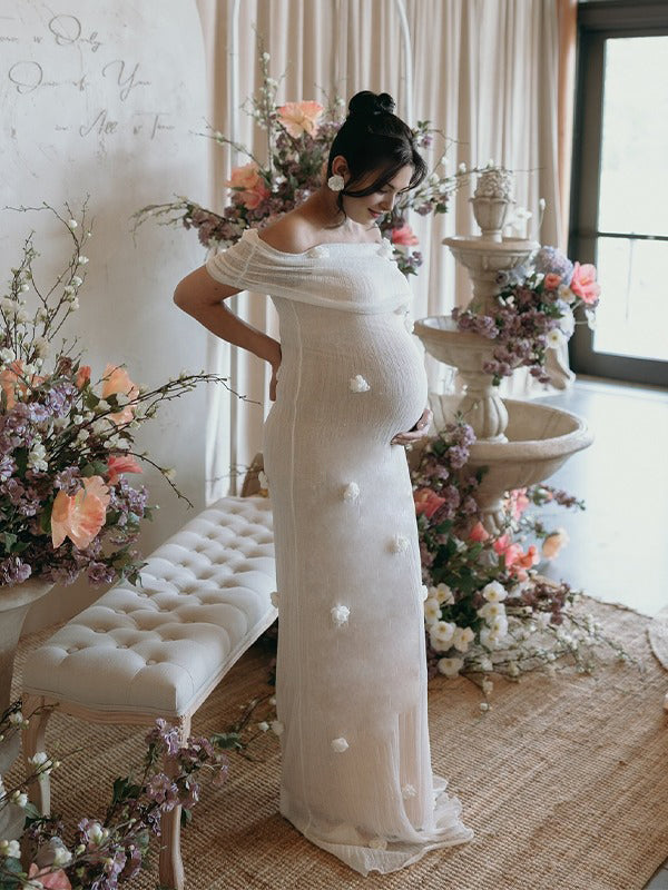 Momsmood White Off Shoulder 3D Flowers Grenadine Sheer Bodycon Elegant Beach Photoshoot Baby Shower Maternity Maxi Dress
