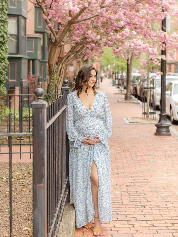 Momsmood Blue Floral Slit Big Swing Buttons Down Front Close Lantern Sleeve Flowy Elegant Baby Moon Beach Boho Maternity Photoshoot Baby Shower Maxi Dress