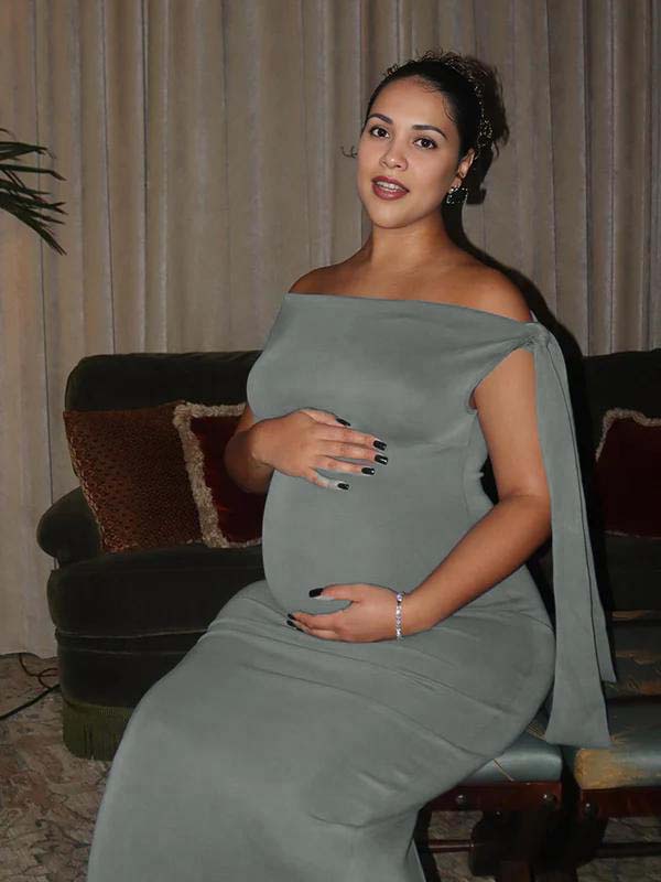 Momsmood Grey Asymmetric Shoulder Knotted One Shoulder Sleeveless Bodycon Elegant Cocktail Party Maternity Photoshoot Baby Shower Maxi Dress