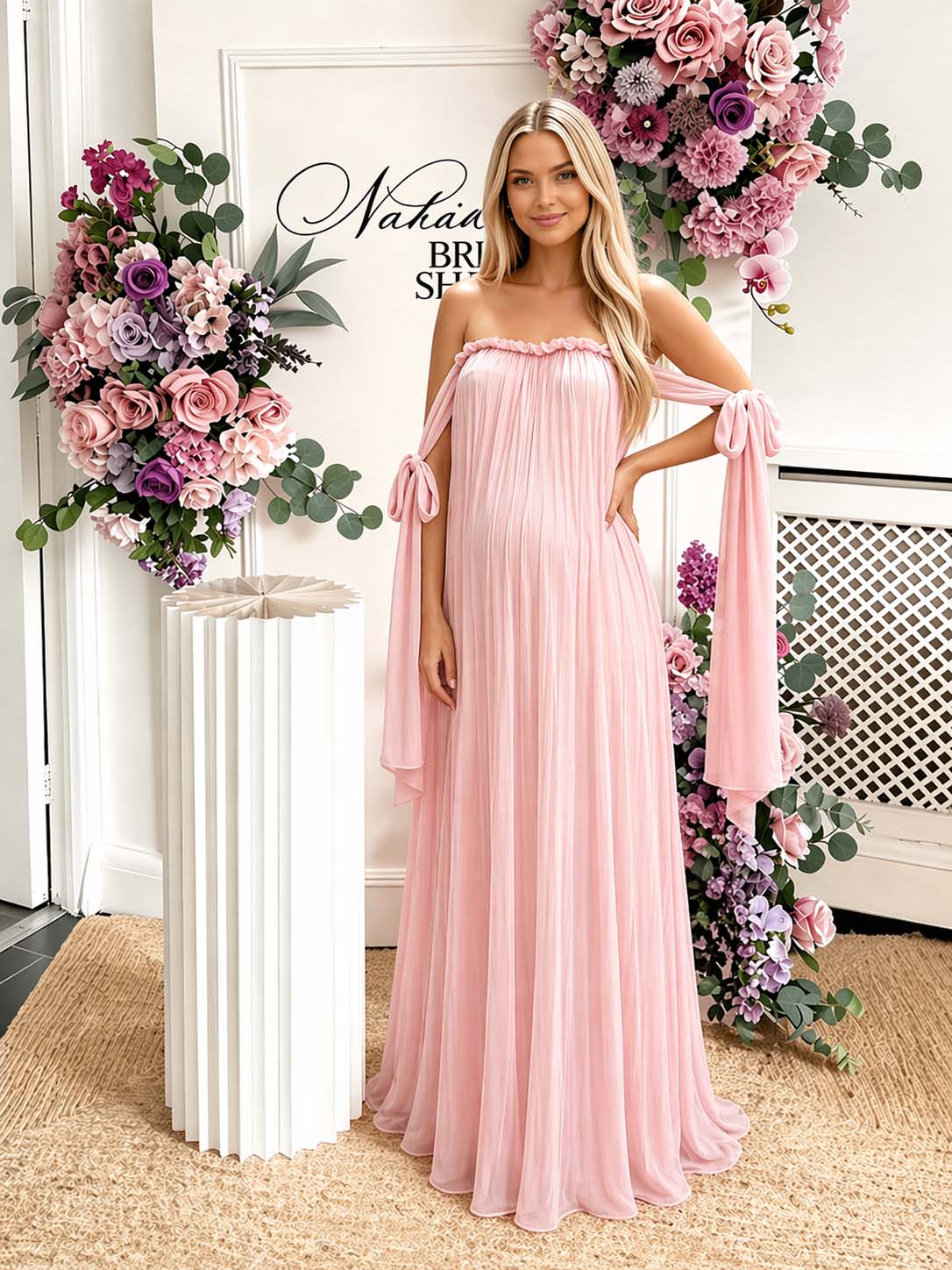 Pink Off Shoulder Lace Up Big Swing Backless Maternity Maxi Dress