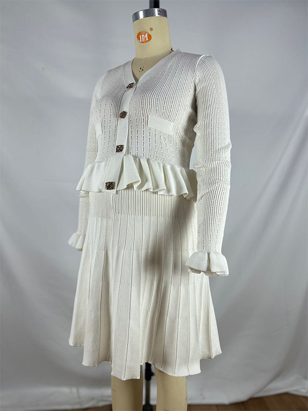 Momsmood White Buttons Ruffle Knit Cut Out Elegant Baby Shower Maternity Mini Sweater Dress