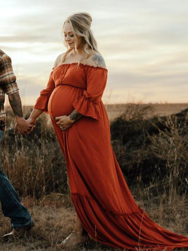 Momsmood Off Shoulder Buttons Front Slit Open Train Elegant Photoshoot Maternity Maxi Dress