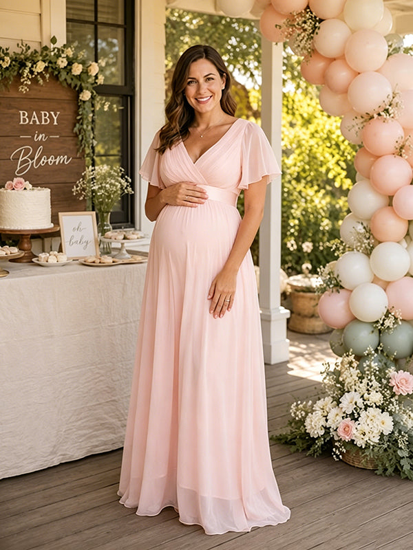 Elegant Pink Tulle Stretch Chiffon A-Line Flare Sleeve Maternity Maxi Dress