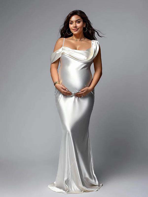 Momsmood White One Off Shoulder Silk Satin Backless Mermaid Photoshoot Evening Gown Baby Shower Maternity Maxi Dress