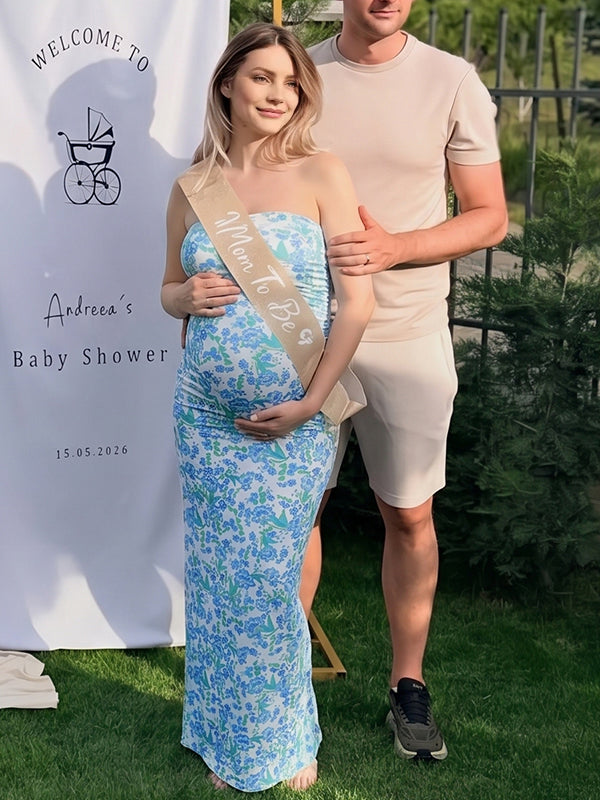 Blue Floral Strapless Bodycon Maternity Maxi Dress