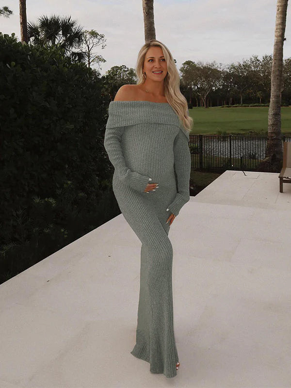 Momsmood Off Shoulder Solid Color Mermaid Bodycon Elegant Photoshoot Maternity Maxi Sweater Dress