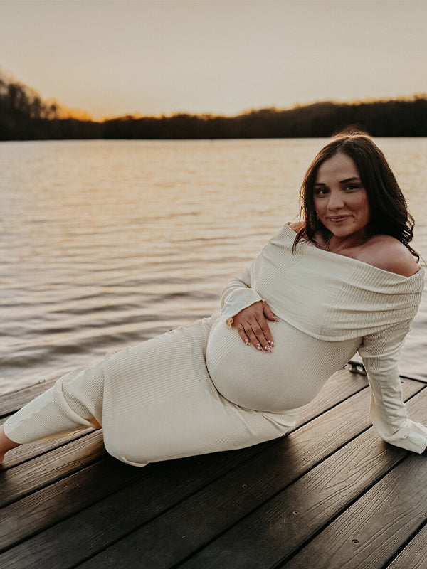 Momsmood Yellow Knit Off Shoulder Flare Sleeve Mermaid Bodycon Elegant Vacation Photoshoot Baby Shower Maternity Maxi Dress