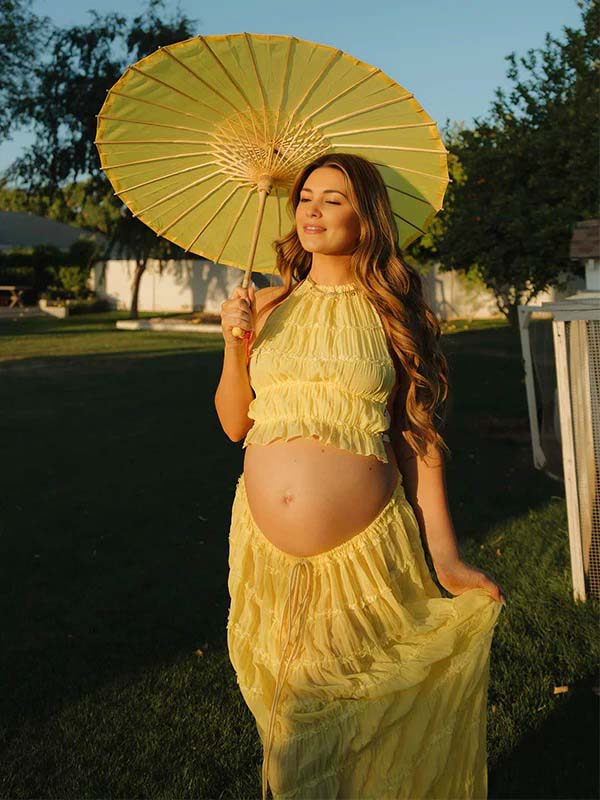 Yellow 2 Pieces Ruched Backless Ruffle Tie Photoshoot Maternity Maxi Dress