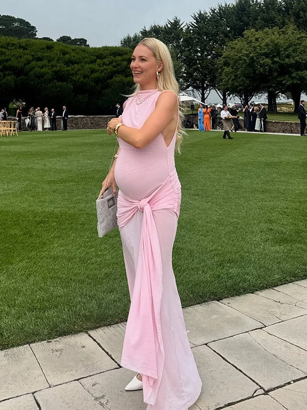 Momsmood Pink Lace-up Pennant Grenadine Banquet Party Baby Shower Maternity Photoshoot Maxi Dress