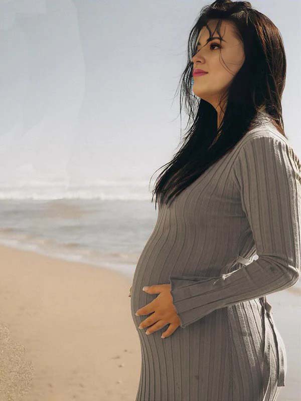 Momsmood Pit Strip Back Belted Round Neck Flare Sleeve Bodycon Photoshoot Baby Shower Maternity Maxi Sweater Dress