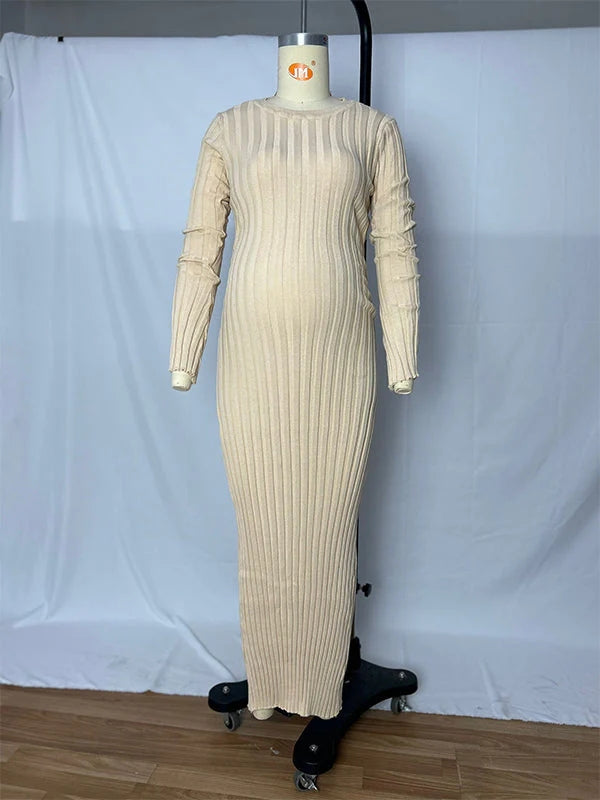 Momsmood Solid Color Sashes Knit Lace-up High Waist Going Out Photoshoot Maternity Sweater Maxi Dress