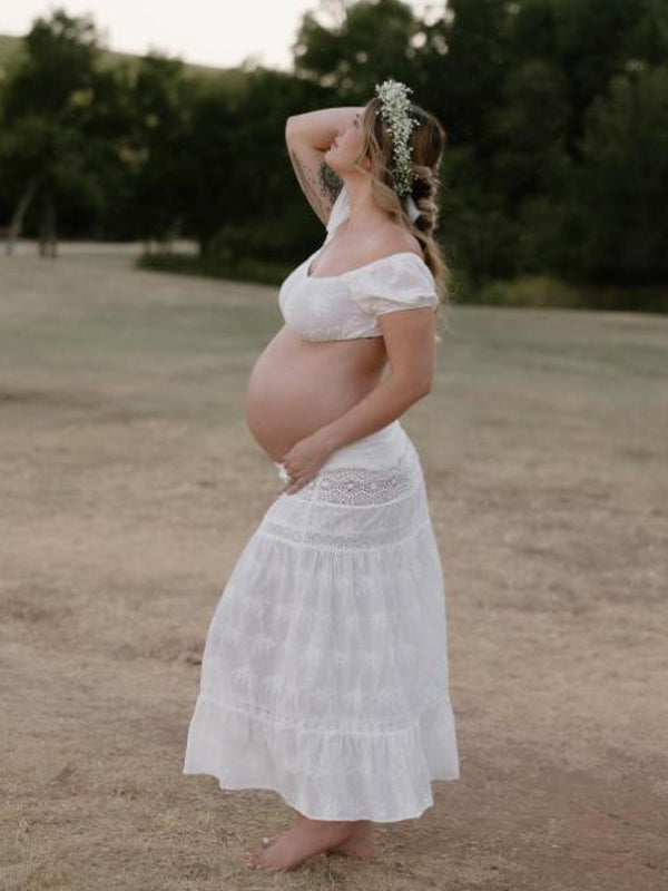 Momsmood White 2-in-1 Lace Cut Out Off Shoulder Tie Elegant Flowy Vacation Photoshoot Maternity Maxi Dress