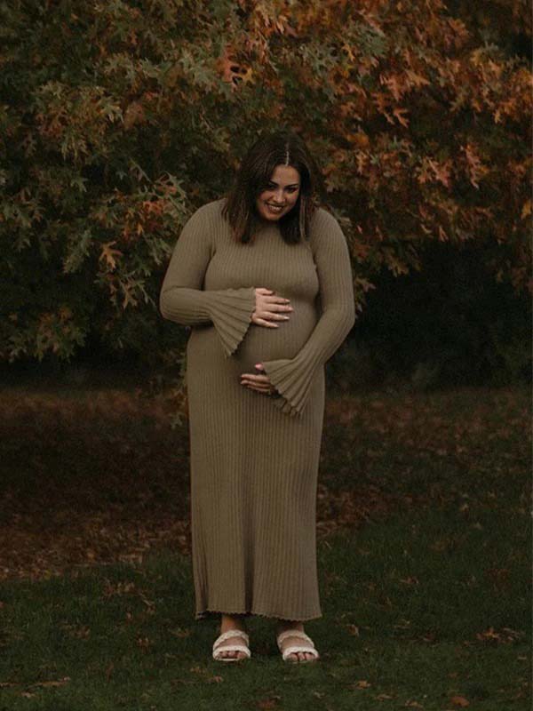 Momsmood Pit Strip Back Belted Round Neck Flare Sleeve Bodycon Photoshoot Baby Shower Maternity Maxi Sweater Dress