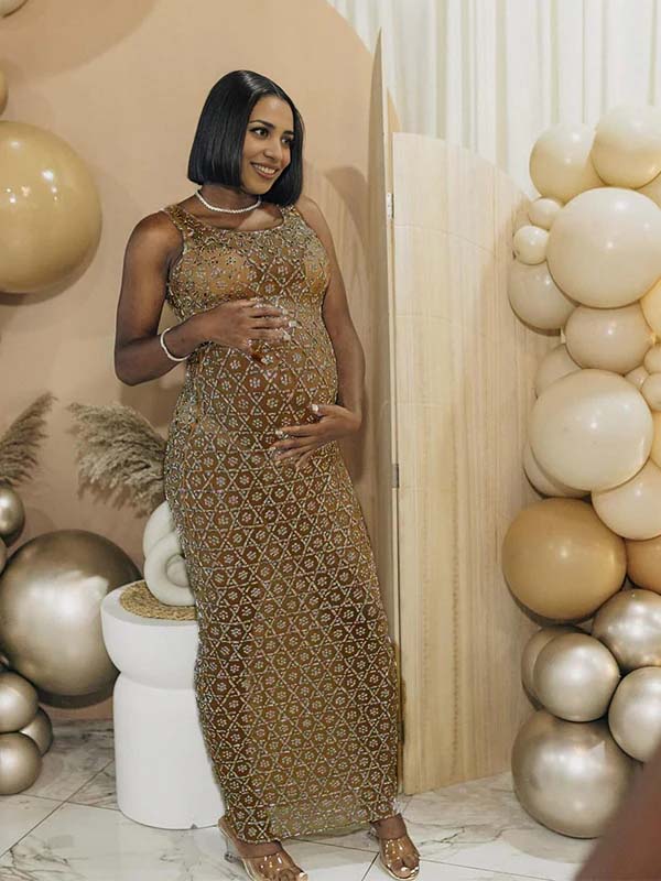 Momsmood Diamond Sparkly Rhinestone Back Slit Mesh Sheer Elegant Photoshoot Baby Shower Maternity Maxi Dress