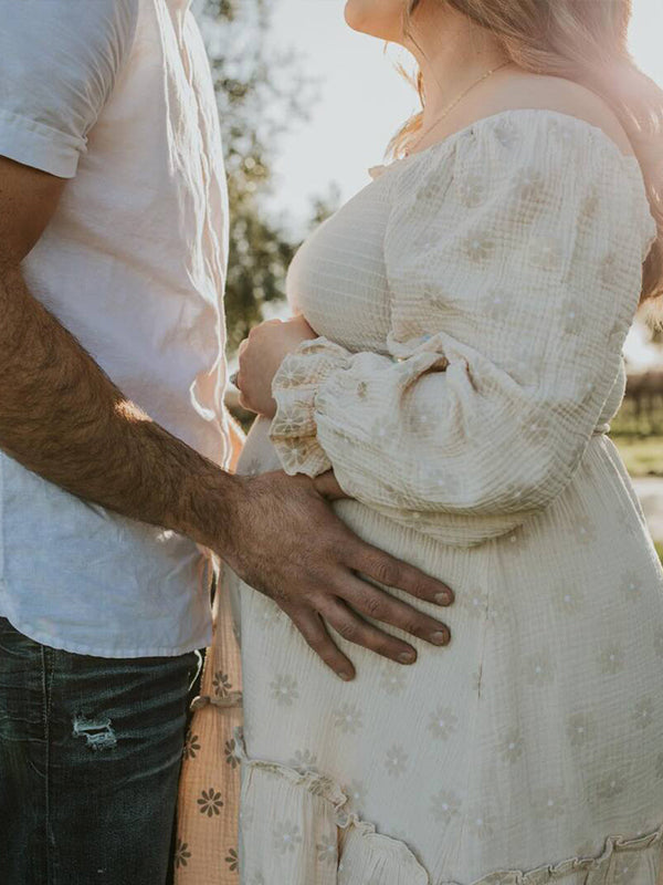 Momsmood Apricot Daisy Print Smocked Off Shoulder Ruffle Big Swing Elegant Vacation Maternity Photoshoot Baby Shower Party Maxi Dress