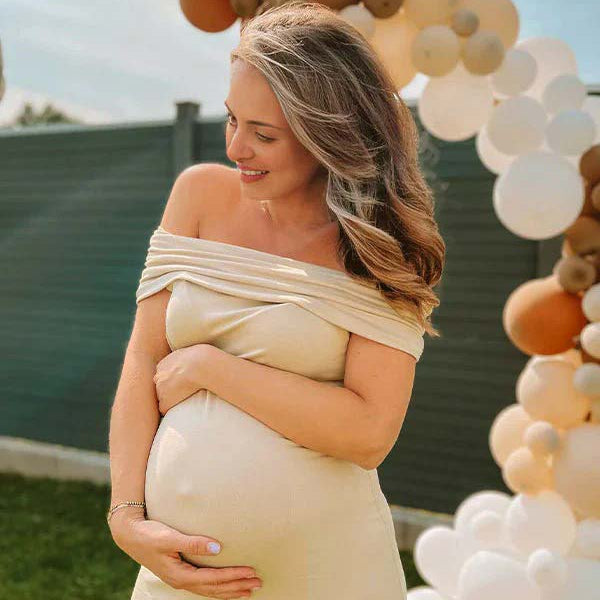 Momsmood Beige Off Shoulder Ruched Back Slit Bodycon Elegant Baby Shower Maternity Maxi Dress