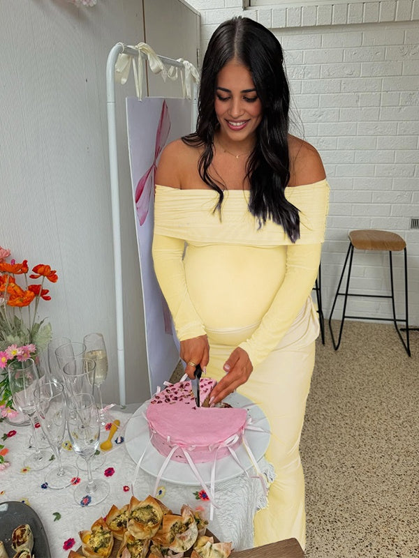 Momsmood Off Shoulder Cut Out Grenadine Splicing Sheer Ruched Baby Shower Maternity Maxi Dress