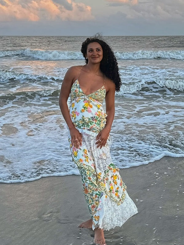 Momsmood V neck Lace-up Stamp Duty Spaghetti Strap Spliced Beach Vacation Baby Shower Maternity Photoshoot Maxi Dress