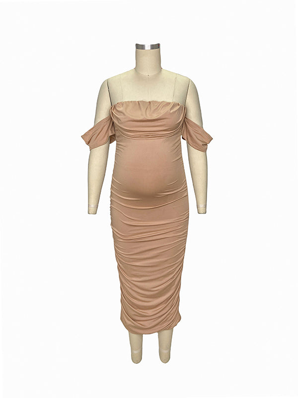 Momsmood Khaki Ruched Off Shoulder Belly Friendly Baby Shower Club Party Tube Bodycon Maternity Midi Dress
