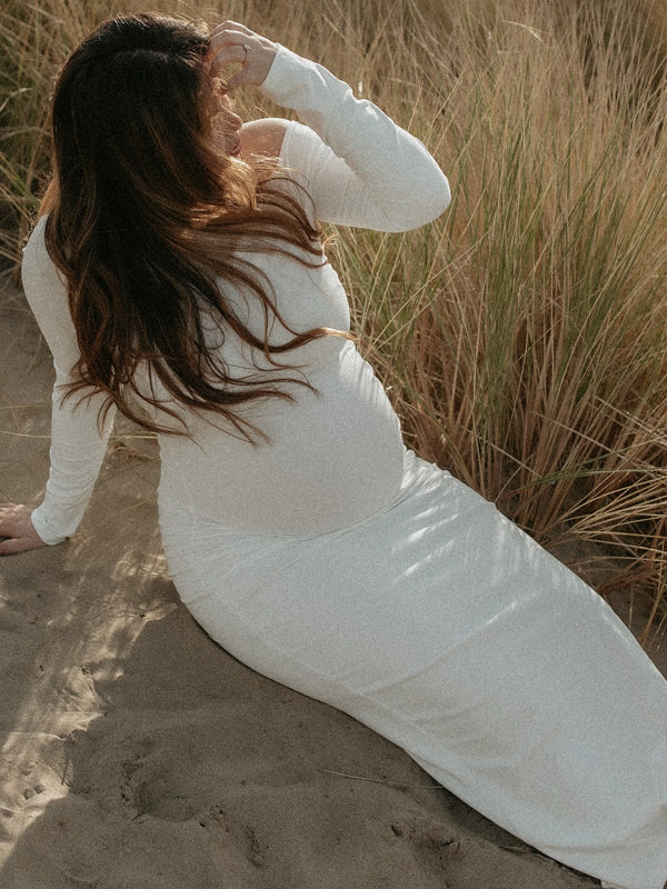 Momsmood Pink Oblique Shoulder Ruched Maternity Photoshoot Maxi Dress