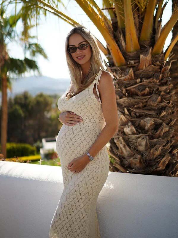 Beige Tie Cut Out Knit Vacation Photoshoot Maternity Maxi Dress