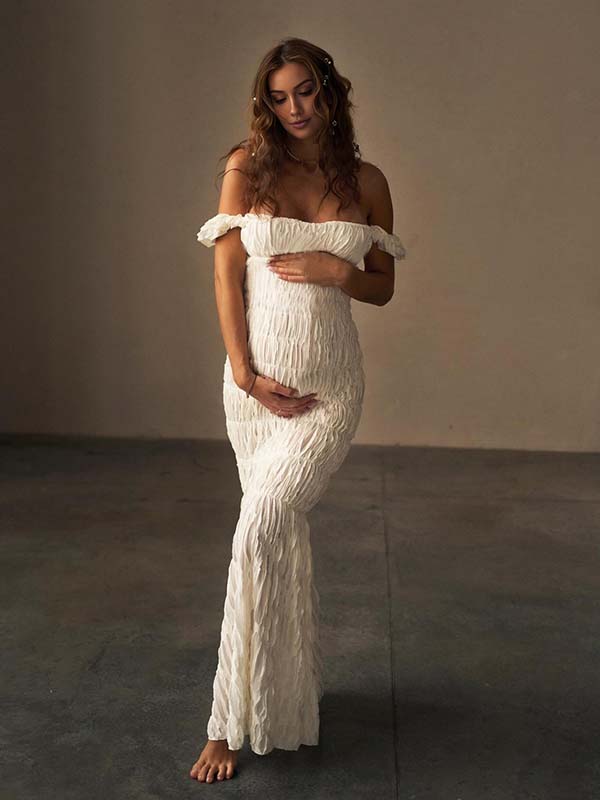 Momsmood Off Shoulder Smocked Ruched Photoshoot Maternity Maxi Dress