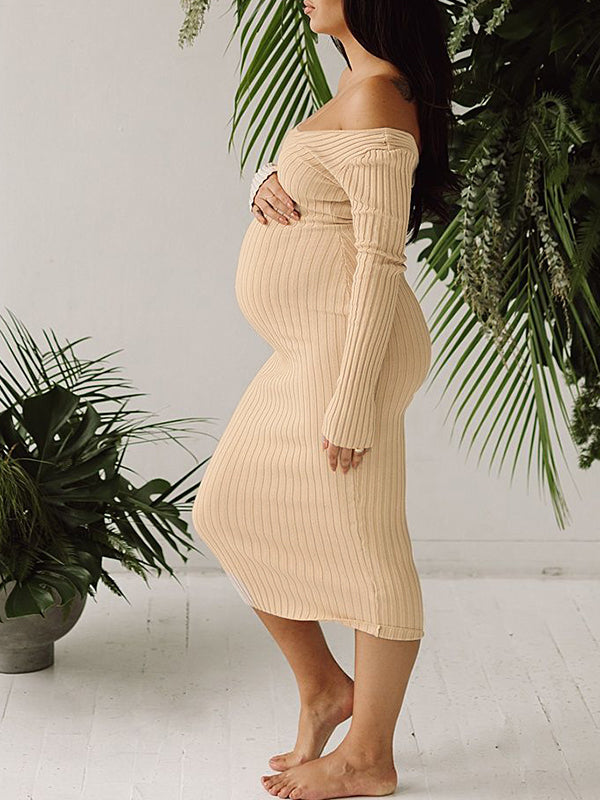 Momsmood Apricot Off Shoulder Boat Neck Elegant Long Sleeve Baby Shower Maternity Photoshoot Sweater Dress
