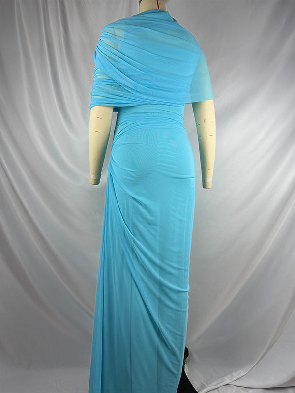 Light Blue Ruched Irregular Neck Baby Shower Maternity Maxi Dress