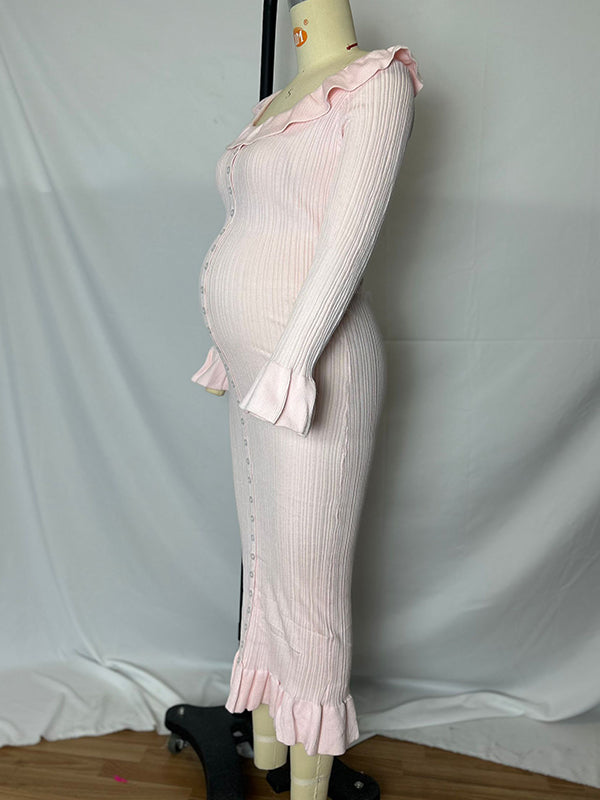 Momsmood Pink Knit Falbala Ruffle Hem Single Breasted Flare Sleeve Bodycon Elegant Hoing Out Maternity Babyshower Maxi Sweater Dress