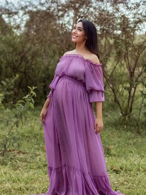 Momsmood Purple Chiffon Flowy Off Shoulder Belt Ruffle Falbala Big Swing Boho Beach Vacation Maternity Photoshoot Baby Shower Maxi Dress