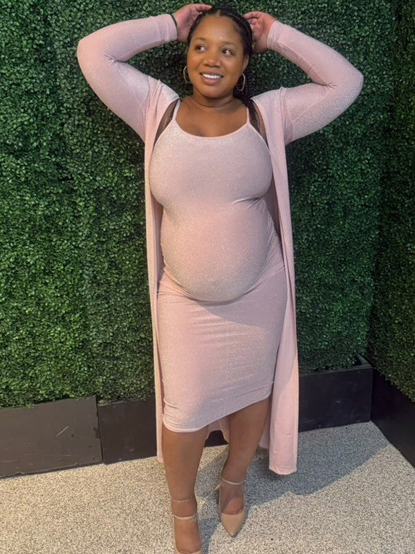 Momsmood Maternity Two Piece Glitter Pink 2-in-1 Bodycon Elegant Baby Shower Work Midi Dress