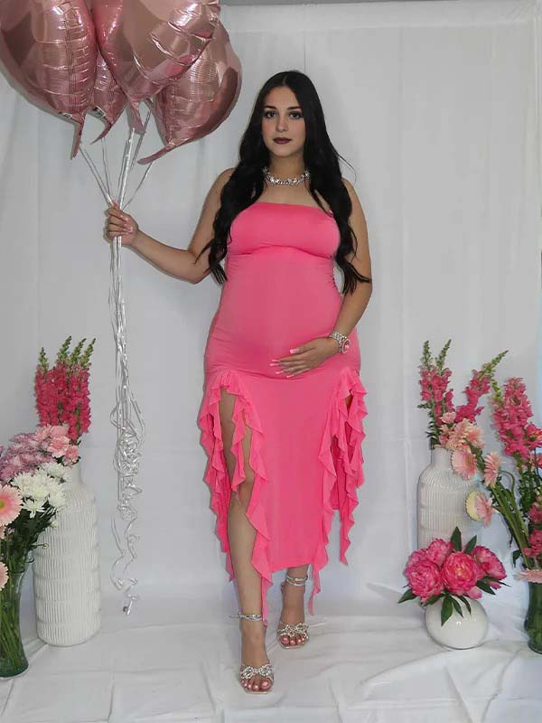 Momsmood Rose Carmine Ruffle Slit Bodycon Fashion Party Photoshoot Babyshower Maternity Midi Dress