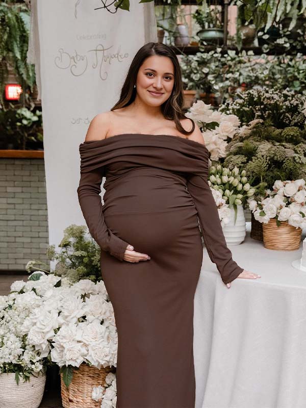 Momsmood Off Shoulder Ruched Flare Sleeve Mermaid Bodycon Fashion Photoshoot Baby Shower Maternity Maxi Dress