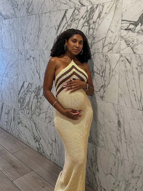 Momsmood Apricot Halter Neck Striped Bodycon Beach Vacation Maternity Photoshoot Maxi Dress