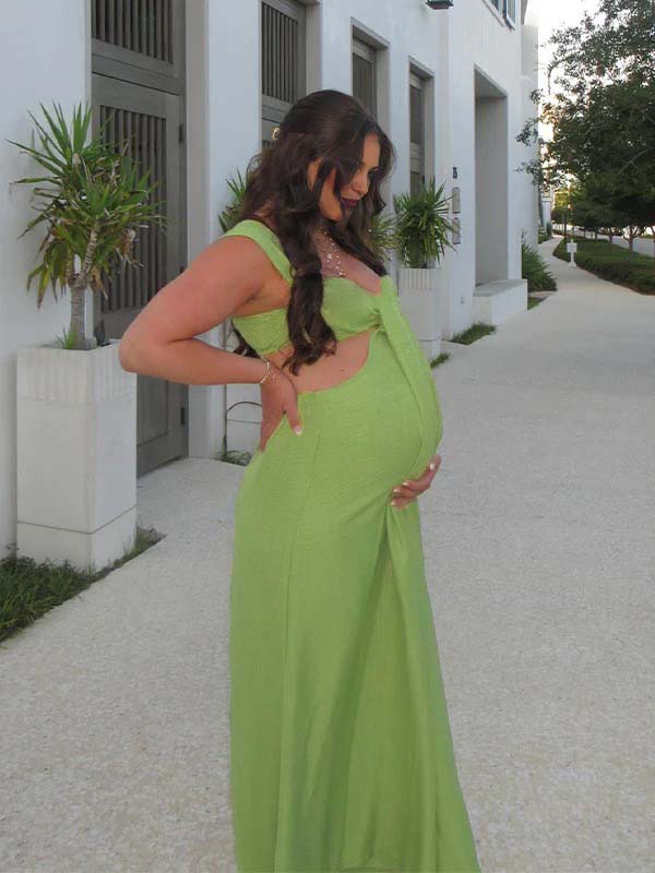Green Cut Out Backless Wide Leg Vacation Maternity Jumpsuit Outfit