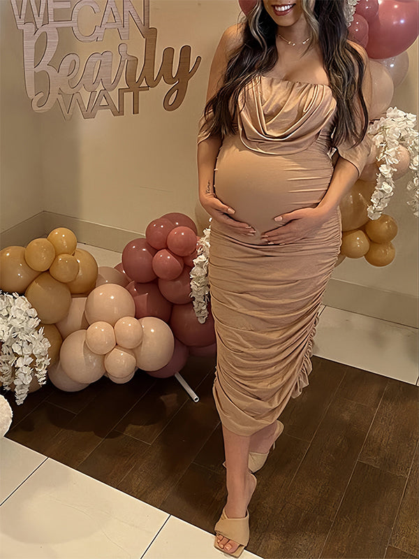 Momsmood Khaki Ruched Off Shoulder Belly Friendly Baby Shower Club Party Tube Bodycon Maternity Midi Dress