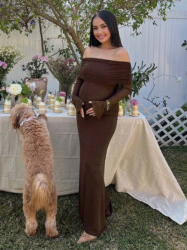 Momsmood Off Shoulder Ruched Sheer Mesh Bodycon Baby Shower Maternity Maxi Dress