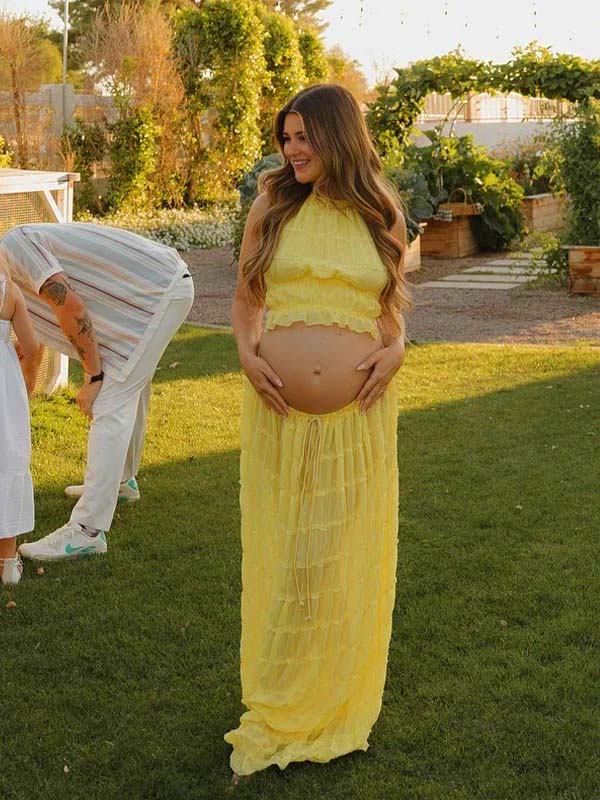 Yellow 2 Pieces Ruched Backless Ruffle Tie Photoshoot Maternity Maxi Dress