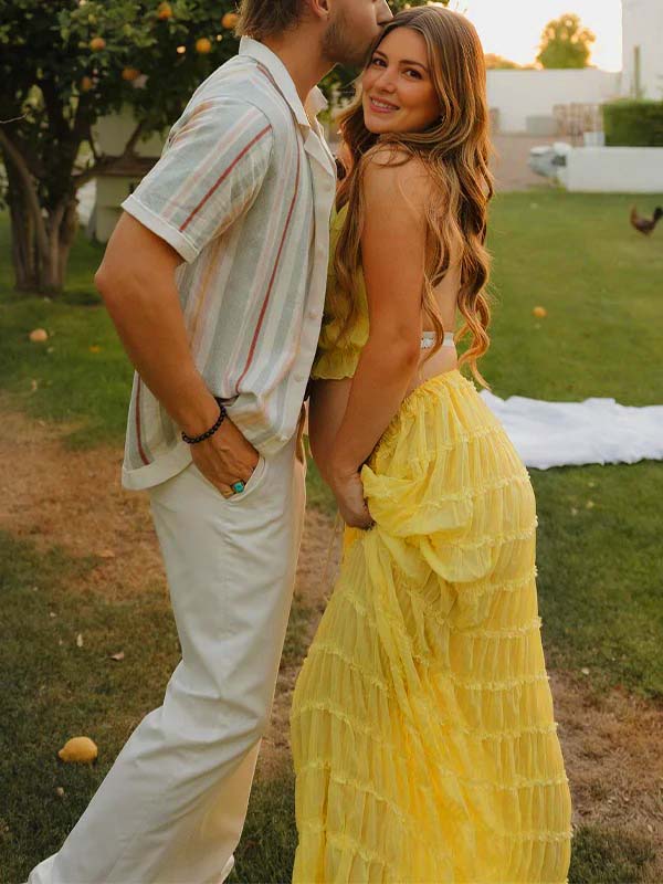 Yellow 2 Pieces Ruched Backless Ruffle Tie Photoshoot Maternity Maxi Dress