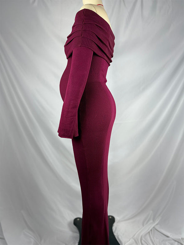 Momsmood Maroon Off Shoulder Solid Color Flare Sleeve Bodycon Elegant Photoshoot Baby Shower Maternity Maxi Dress
