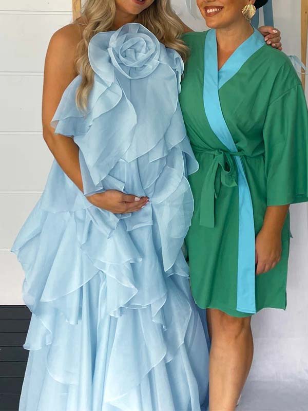 Cake Ruffle 3D Flower Backless Baby Shower Maternity Maxi Dress