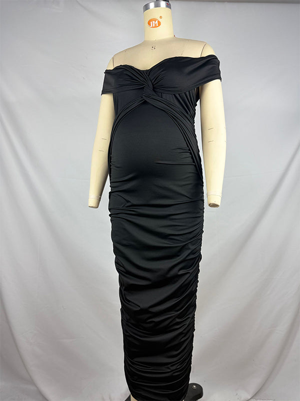 Momsmood Black Off Shoulder Ruched Cross Twist Back Zipper Bodyocn Photoshoot Baby Shower Maternity Maxi Dress