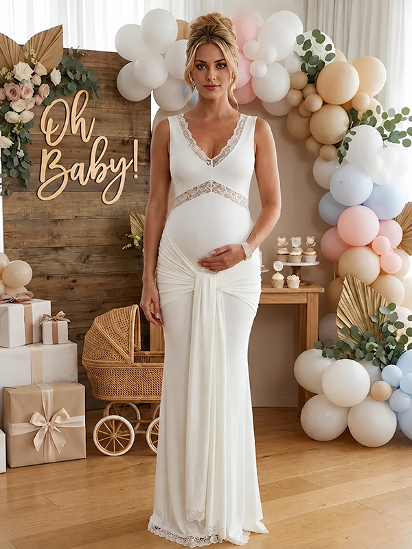 Elegant White Lace Ruched Draped Flowy Maternity Maxi Dress